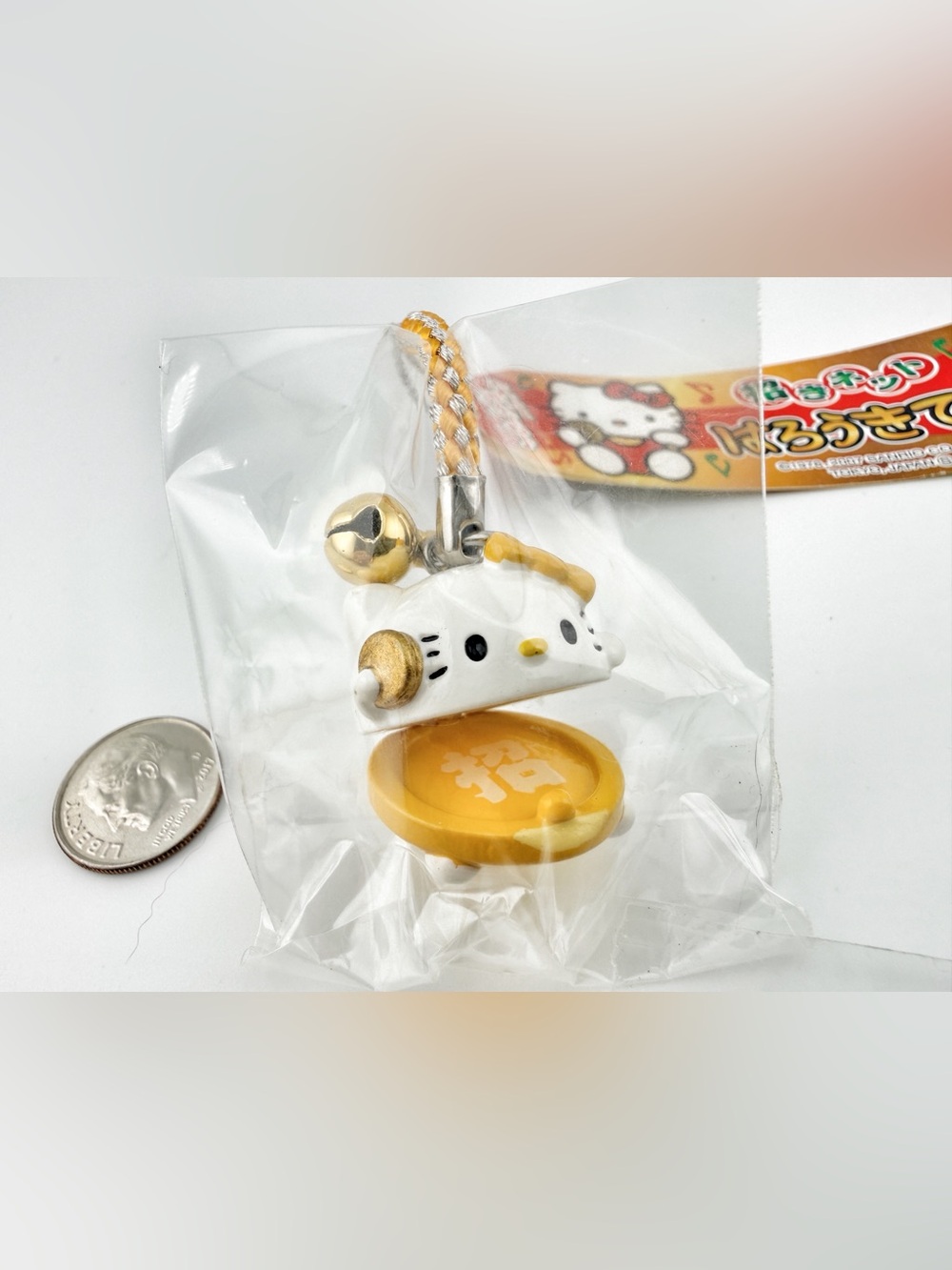 Rare Hello Kitty Sanrio Japan Lucky Charm Strap Maneki-Neko Castanets Yellow NWT